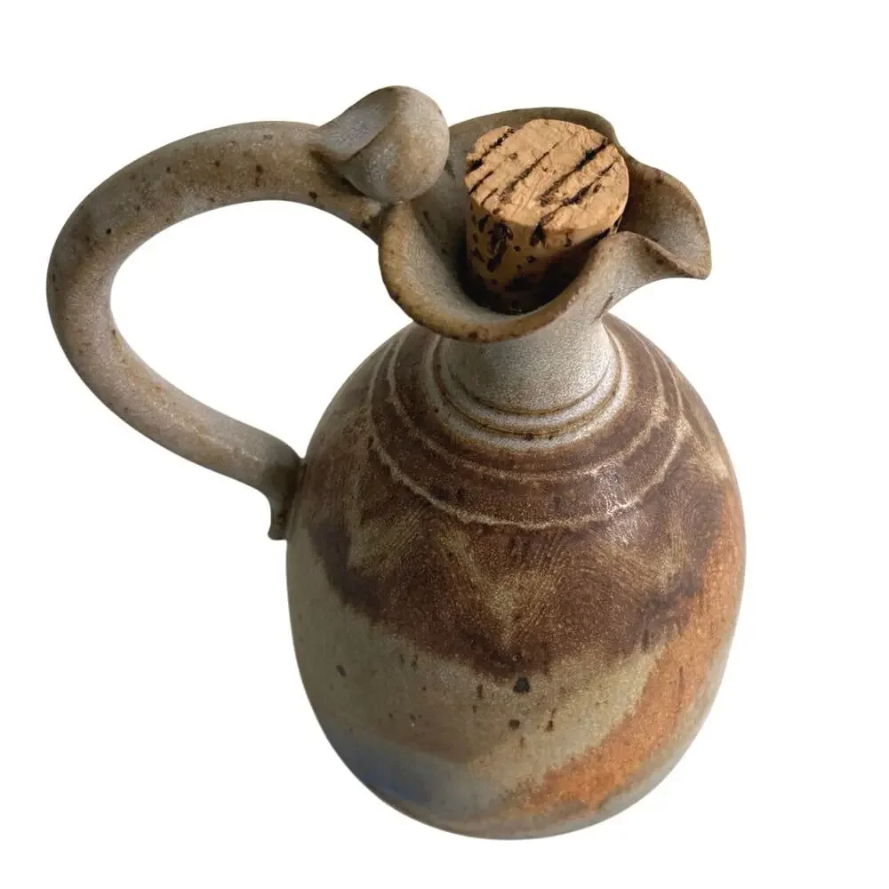 Handmade ceramic pottery signed artisan jug rustic brown tan tones blue glaze - Picture 11 of 12